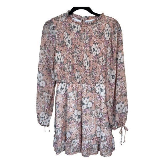Peach Love California Floral High Neck Long Sleeve Mini Dress Medium - Picture 7 of 13